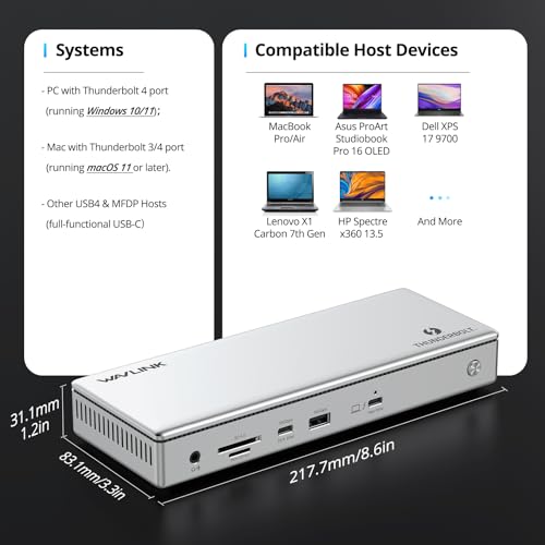 WAVLINK 13-in-1 Thunderbolt 4 Dock, 96W PD, 8K / Triple 4K, 2 TBT4 Ports, 2 HDMI Ports, 4 USB-A Ports, USB-C 10Gbps, Ethernet 2.5G, SD/TF Reader, Audio, Compatible with Mac and Windows