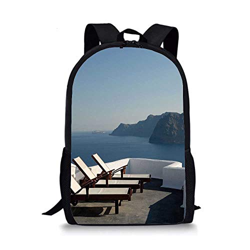 Travel Decor Individual School Bag,Sunlounger at Terrace in Santorini Greece Resort Relaxation Aegean for Children Student,One_Size