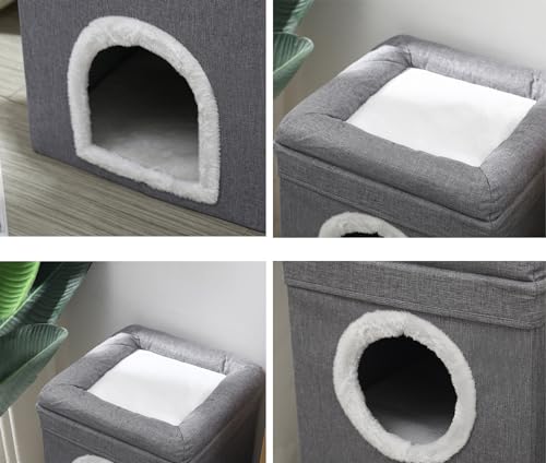 Nyganmelloz Foldable Cat House,2-Storey Indoor Large Cats Cave Kitten Beds Covered Bed Furniture Tree with Scratch Pad Hideaway Cave, Kitty Tunnel Sleeping Cute Modern Cat Condo Stool Play