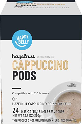 HAPPY BELLY LIGHT ROAST CAPPUCCINO COFFEE PODS, HAZELNUT FLAVORED, COMPATIBLE WITH K-CUP BREWERS, 24 COUNT