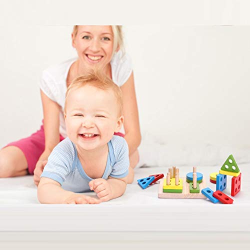 RUIDELI Wooden Geometric Toys for Kids, Educational Geometric Stacking Blocks Shape Color Recognition Puzzle Toys for Toddler Boys and Girls