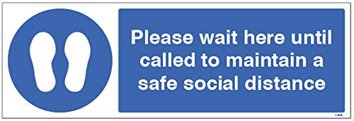 Please wait here until called to maintain a safe social distance floor graphic 600x200mm