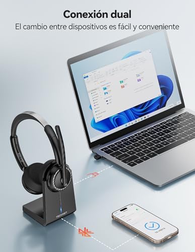 TECKNET Wireless Bluetooth Headphones, Headphones, Earphones with AI Anti-Noise Microphone, Charging Dock and USB Adapter, Rechargeable Noise Cancelling Headphones for Office, Call Centers