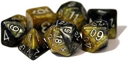 Gate Keeper Games Davinci Halfsies Dice - 7 die polyhedral dice Set - Black & Gold - Silver Numbering