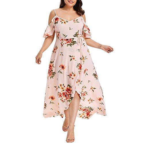 UOFOCO Summer Dress Plus Size Long Dress Women Casual Short Sleeve Cold Shoulder Boho Flower Print (Pink, 5X)