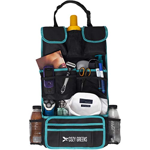 Car Organizer for Back Seat | Eco-Friendly & Strong | Kick Mat Protects Backseat | Free Visor Organizer | Storage for Toys, Travel Accessories, Tablet | Baby Shower Gift Box (Green and Black)