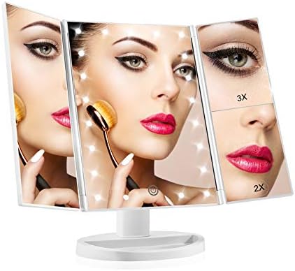 Memzuoix Makeup Mirror with 21 LED Lights, Portable Trifold Vanity Mirror, 1x 2x 3x Magnifying Mirror, Lighted Mirror with Touch Screen Switch, 2 Power Supply, 180 Degree Rotation, Ideal Gift White
