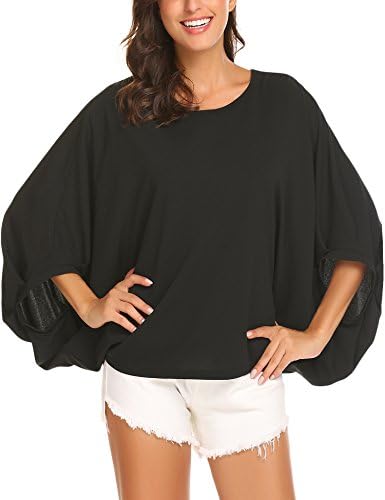 Justrix Women's Summer Puff Sleeve Oversized Casual Batwing Dolman Loose Tunic Blouse
