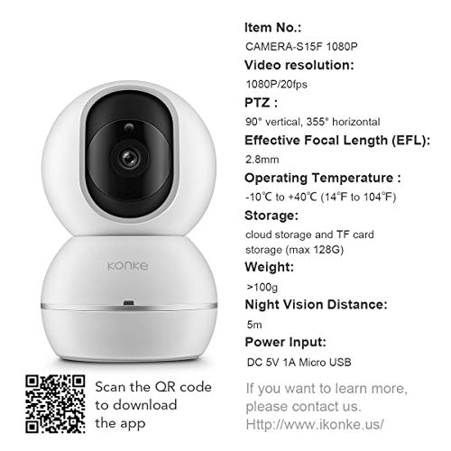 konke Wireless IP Camera, Konke 1080P HD WiFi Smart Home PTZ Security Camera with Cloud Storage, Two-Way Audio, Motion Detection, Night Vision, White
