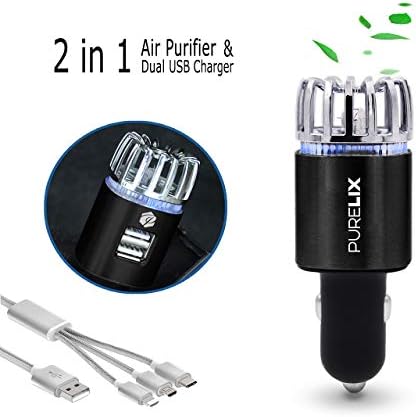Purelix 3in1 Car Air Purifier - in Car Ionizer w/Dual USB Quick Port, Premium Stainless Steel HEPA Filter Eliminate - Bad Odors, Smoke, Pollen, Mold, Allergens, Pet Smell + USB Charging Cable