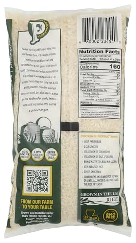 PARISH WHITE RICE – HIGH-PROTEIN RICE WITH LOW GLYCEMIC INDEX – LOCALLY GROWN LONG-GRAIN WHITE RICE – MADE IN THE USA – RICH NUTRIENT CONTENT – IDEAL FOR CURRY, DESSERTS, STIR-FRY – 2LB BAG