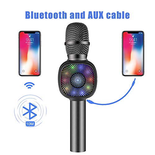 Bluetooth Karaoke microphone, Portable Karaoke Player Speaker For Apple Android Smartphone Or PC, with Flash LED Color-Light Home KTV Outdoor Party Music Playing Singing Anytime(Grey-black)