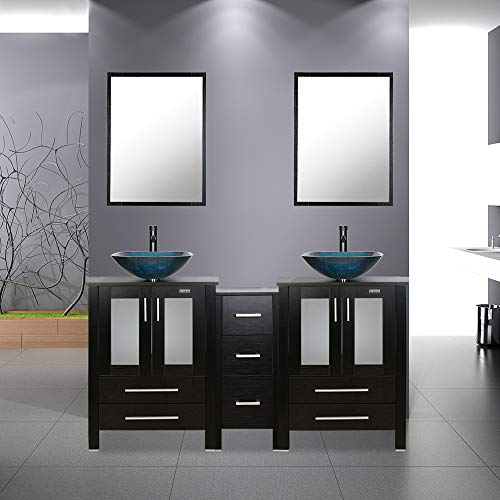 60" Black Bathroom Vanity,Double Vanity,0.5"Tempered Glass Vessel Sink(Sea Blue),ORB Faucet,Drain Parts,Bathroom Vanity Top,Glass Sink Bowl,Removable Vanity Pedestal,MDF board,Mirror,Mounting Ring