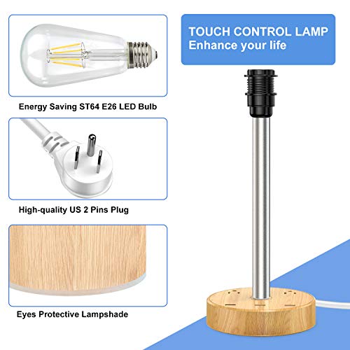 USB Table Lamp,Touch Control Lamp with 3 USB Charging Ports and 2 AC Outlets,Dimmable Bedside Nightstand Lamp with Wooden Base,Perfect for Bedroom,Living Room,Office,Study Desk(8W LED Bulb Included)