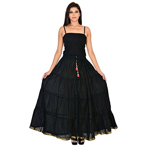 jingle impex black plain cotton lace work long skirt for women ( free size)size: length- 40 inches , waist- non stretch- 28, after stretch- 42 inches