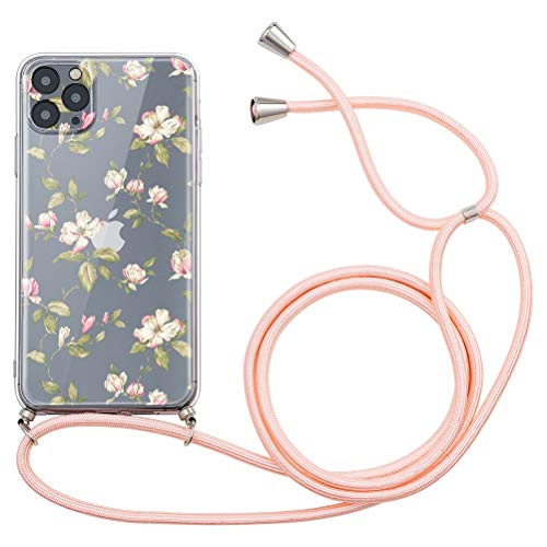 Yoedge Necklace Case Compatible with Apple iPhone 12 Pro/iPhone 12 Transparent 6.1 Inch Phone Case with Cord Ultra Thin Soft TPU Bumper Cover TPU Anti-Shock with Adjustable Cord, Flower