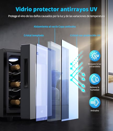 WIE Vinoteca Pequeña 6 Botellas - Mini Frigorífico con Puerta de Cristal 4–16°C, Enfriador de Vino con LED, Panel Táctil, 3 Niveles, <42 dB, para Casa, Bar, Dormitorio