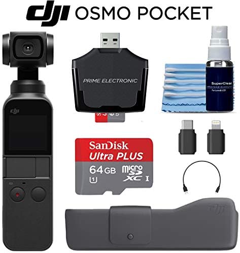 Osmo Pocket Handheld 3 Axis 4k Gimbal Stabilizer with Integrated Camera + SanDisk 64GB MicroSD + Card Reader + Camera and Lens Cleaning Kit Travel Kit