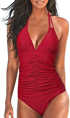 Upopby Women's Halter Push up One Piece Swimsuits Backless Monokini Ruched Tummy Control Bathing Suits Plus Size Swimwear