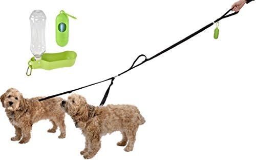 IMPRIE Double Dog Leash No Tangle - Medium to Large Two Dog Leash Reflective Stitching For Night Safety - Dual Dog Leash For Two Dogs with Bonus Dog Water Bottle and Dog Waste Bag Dispenser
