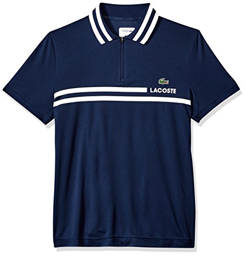 Lacoste Men's Short Sleeve Pique Fine Stripe with Jacquard Collar and Zip Placket Polo, DH3318, Navy Blue/White, X-Large