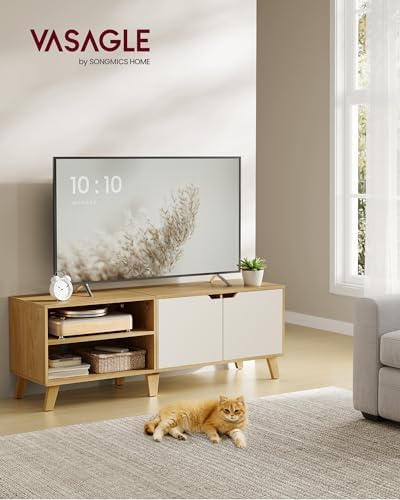 Mobile TV per Televisore fino a 60 Pollici, Armadietto per TV con 2 Ante, Ripiani Regolabili, Lungo 140 cm, per Soggiorno, Camera da Letto, Rovere Naturale e Bianco Crema LTV027N01