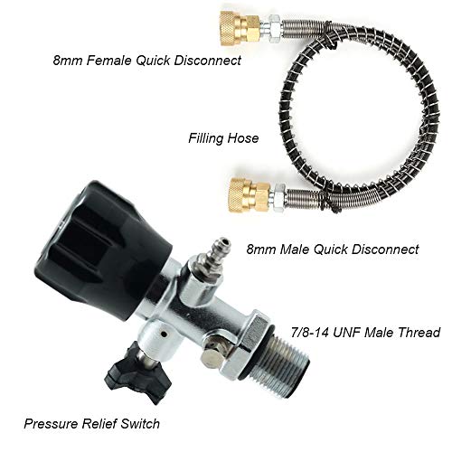 IORMAN Paintball CO2 Tank Compressed Air DIN Valve Gauge & Fill Station, 300bar/4500psi High Pressure, 7/8-14 UNF Male Thread, with 24" Charging Hose for PCP Game