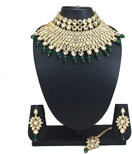 CROWN JEWEL Bollywood Indian Wedding Pearl Kundan Gold Plated Jewelry Bridal Necklace Earring Set for Women