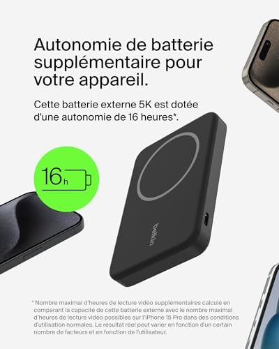 BoostCharge Pro Batterie Externe Magnétique sans Fil 5000mAh avec Qi2, Chargeur Portable Compatible MagSafe, Support intégré, Batterie Portable pour iPhone 16, iPhone 15, 14, 13, etc., Noire