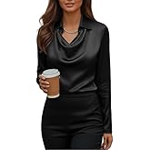 Women's Satin Long Sleeve Blouse Cowl Neck Solid Casual Elegant Dressy Office Work Tops