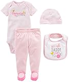 Simple Joys by Carter's Girls Baby 4-Piece Bodysuit, Pant, Bib and Cap Set, Pink Daddy Loves Me, 3-6 Months