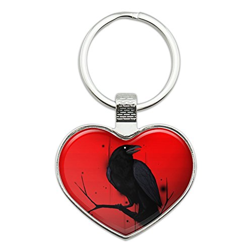 Crow on Branch Heart Love Metal Keychain Key Chain Ring