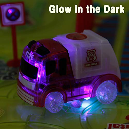 BOBXIN DIY Puzzle Tracks Car Glow in The Dark Play Set Fire Truck Themed Style Vehicle Interchangeable Tracks 18 Pieces Sets for Kids 3 4 5 6 Years Old