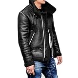 Mens Pea Coat Slim Fit.Men Autumn Winter Highneck Warm Fur Liner Lapel Leather Zipper Outwear Top Coat
