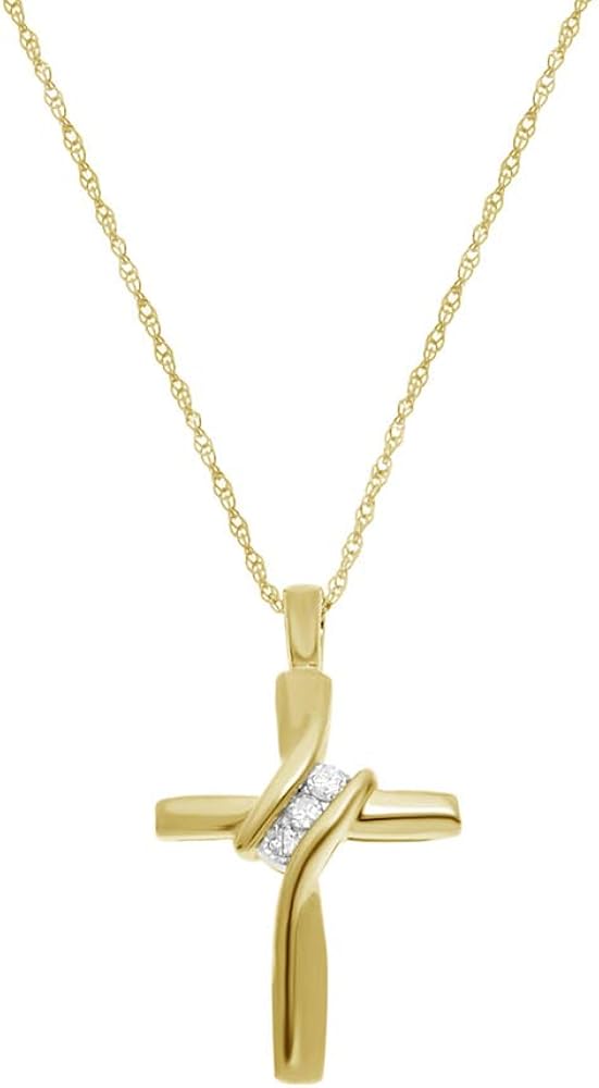 JewelExclusive Petite 10 Karat Yellow Gold Natural Round-Cut Diamond Accent 3 Stone Cross Small Pendant with an 18 Inch Chain