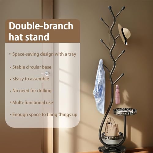 Metal Standing Coat Rack, Small Space Coat Freestanding Hanger Coat Stand with Natural Metal Base & 8 Hooks, Tree-Shaped Coat Rack for Entryway, Hallway, Bedroom, can Hang Clothes, Hats (Black)
