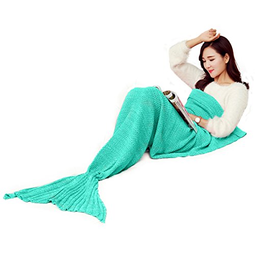Handmade Knitted Mermaid Tail Blanket for Kids Teens Adult Soft Wave Crochet Sleeping Blanket All Seasons Living Room Quilt (71"x35", Green)