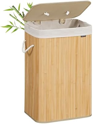 Cesto de la Ropa Sucia con Tapa, 72 L, Cesta de Lavandería de Bambú, Plegable, con Bolsa Lavable Extraíble, Asas, para Lavandería, Dormitorio, Natural LCB10Y