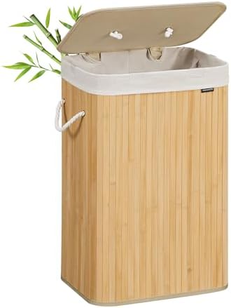 Cesto de la Ropa Sucia con Tapa, 72 L, Cesta de Lavandería de Bambú, Plegable, con Bolsa Lavable Extraíble, Asas, para Lavandería, Dormitorio, Natural LCB10Y