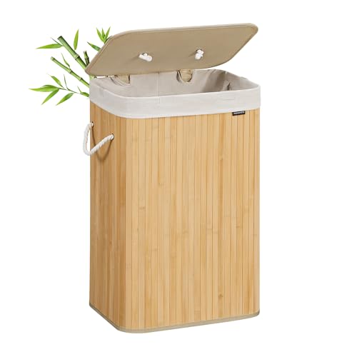 Cesto de la Ropa Sucia con Tapa, 72 L, Cesta de Lavandería de Bambú, Plegable, con Bolsa Lavable Extraíble, Asas, para Lavandería, Dormitorio, Natural LCB10Y
