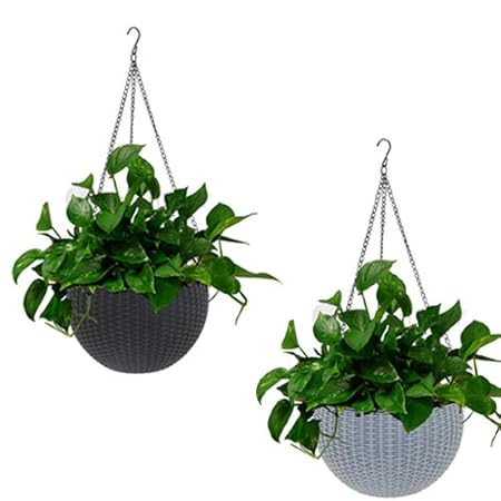 Antier (Black and Grey) 2 pcs Round Plastic Resin Chain Basket Hanging Planter Hanging Flowers and Plants,Growers