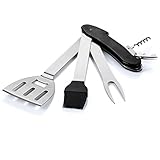 Barbestar 5-in-1 BBQ Grilling Tool, Portable Folding BBQ Tool, Stainless Steel Grill Utensils Kit Suitable for Baking, Barbecue (Spatula Fork + Silicone brush + Corkscrew + Wine Lever+ Opener)