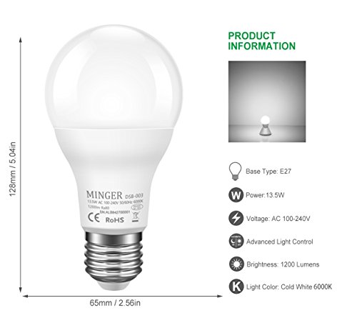13.5W LED Sensor Lights Bulb Dusk to Dawn A20, 100W Equivelent Light Bulbs with Photocell, Auto Indoor/Outdoor Lighting Lamp for Porch, Hallway, Patio, Garage (E26/E27, 1200lumen, 6000K) 2Pack - Thumbnail 3