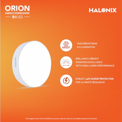 Halonix 8W White Orion Round Led Rimless Surface Downlighter| Led Ceiling Light for Home, Shop and Office |Pack of 1, White. - Polycarbonate 4