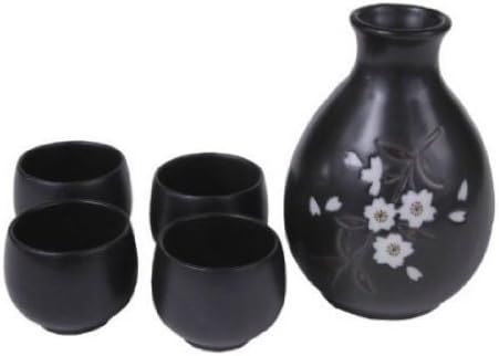 Japanese 5 Pc Sake Carafe & Cup Set Black Cherry Blossom