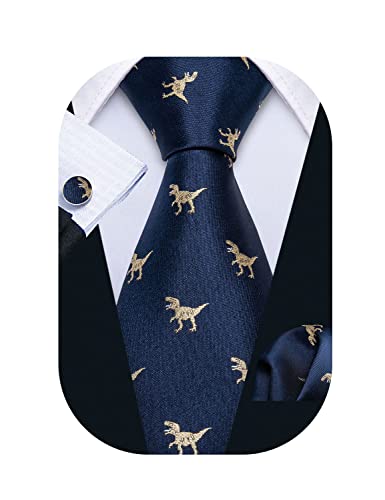 Barry.Wang Dinosaur Ties Blue Business Silk Necktie