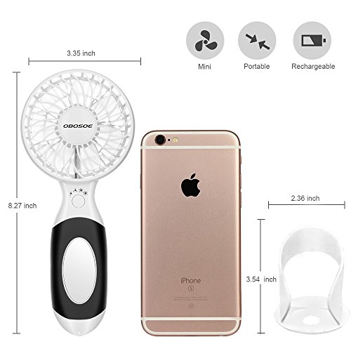 OBOSOE Handheld Fan, Portable Personal Small Desk Fan with 3600mAh USB Rechargeable Battery, Cooling for Office, Bedroom, Traveling, Camping, Outdoor Sports, White
