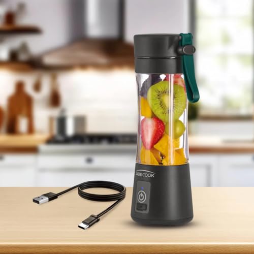 JadeCook Licuadora Portátil Mini Fusion, 45w de Potencia, Recargable Usb C, Capacidad 380ml para Smothies, Batidos, Cuchillas de Acero Inoxidable, Color Negro