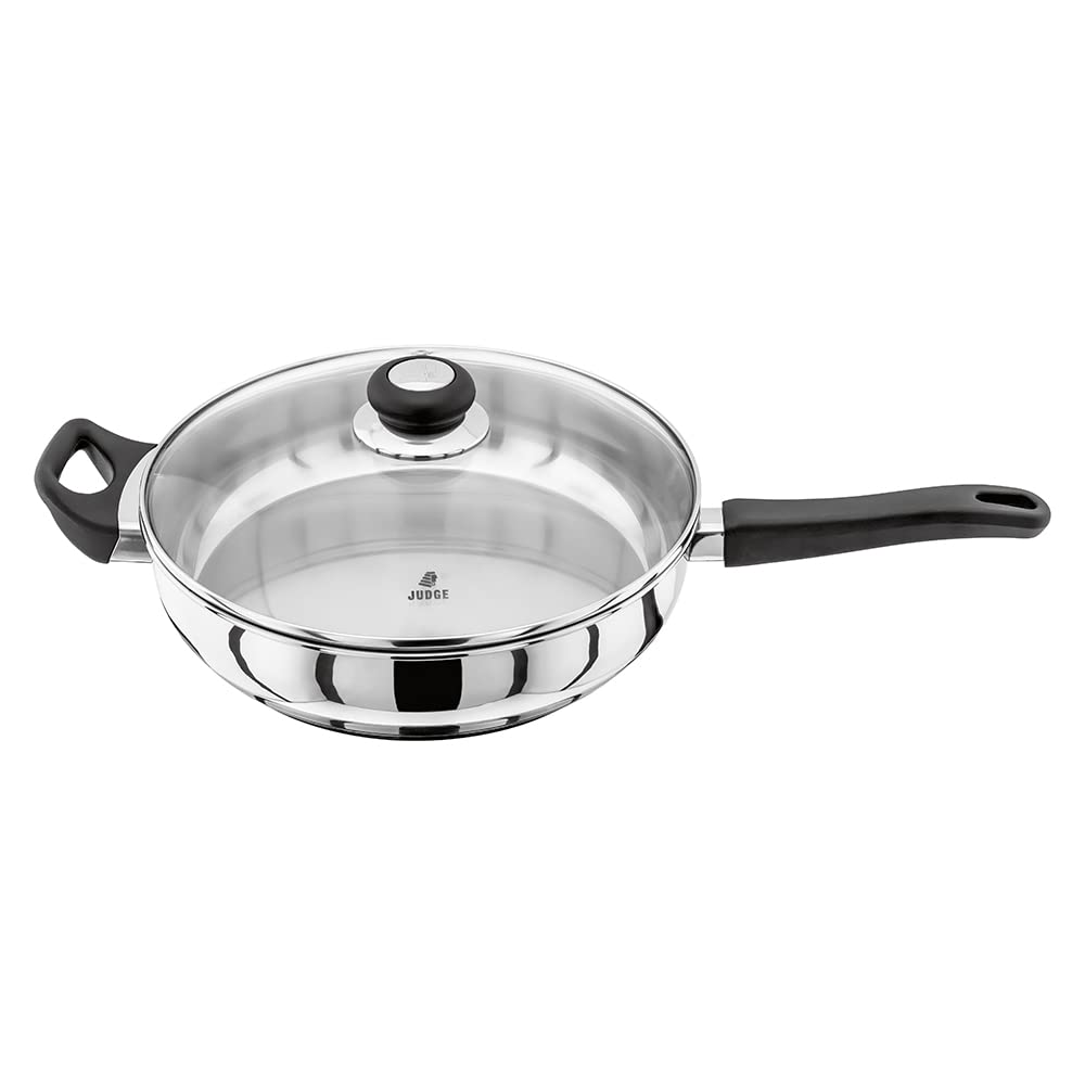 Judge Vista JJ24A Stainless Steel Large Saute Pan with Helper Handle 28cm, Shatterproof Vented Glass Lid, Induction Ready, Oven Safe, 25 Year Guarantee, Silver