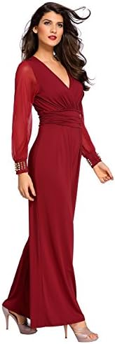 shelovesclothing Women's Mesh Plunge Long Sleeve Embellished Jumpsuit